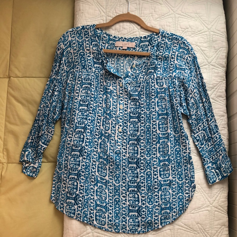 Blue patterned float top from Loft.